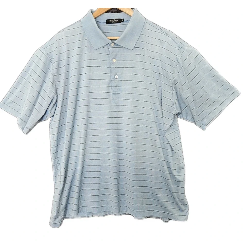 Golf Polo Shirt Short Sleeve Mens XL Blue Plaid  100% Cotton Alan Flusser Stripe